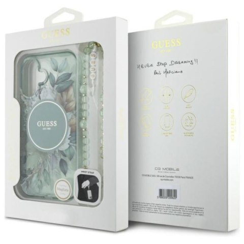 Guess IML Flowers With Pearl Strap MagSafe - Etui iPhone 16 (zielony) Guess Guess IML Flowers With Pearl Strap MagSafe - Etui iPhone 16 (zielony) Guess