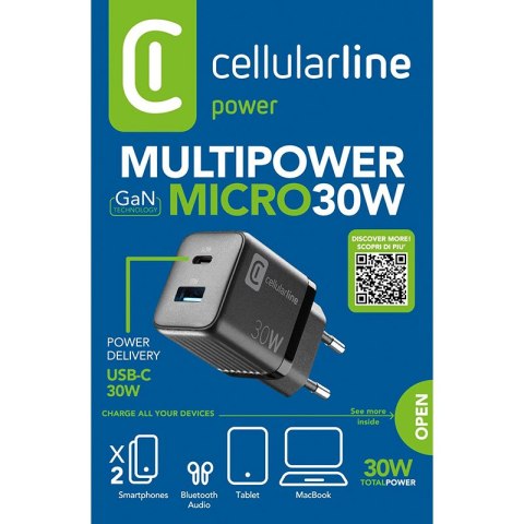 Cellularline Multipower Micro GaN - Ładowarka sieciowa USB-C & USB-A Power Delivery 30W (czarny) Cellularline Cellularline Multipower Micro GaN - Ładowarka sieciowa USB-C & USB-A Power Delivery 30W (czarny) Cellularline