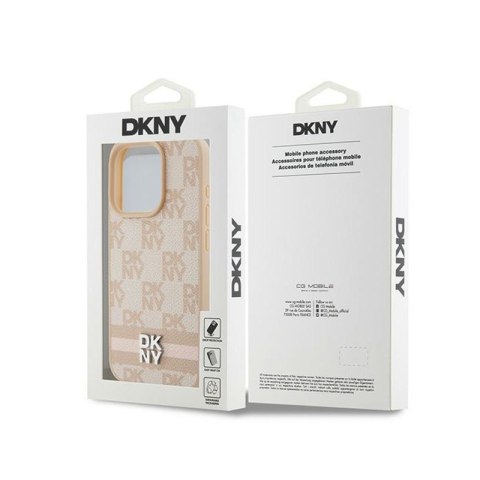 DKNY Leather Checkered Mono Pattern & Printed Stripes - Etui iPhone 15 Pro (różowy) DKNY DKNY Leather Checkered Mono Pattern & Printed Stripes - Etui iPhone 15 Pro (różowy) DKNY