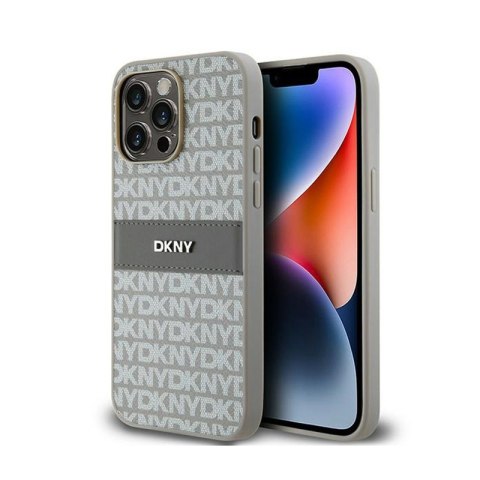 DKNY Leather Mono Stripe & Metal Logo - Etui iPhone 14 Pro (beżowy) DKNY DKNY Leather Mono Stripe & Metal Logo - Etui iPhone 14 Pro (beżowy) DKNY