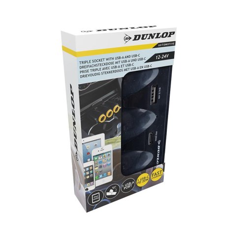 Dunlop - Ładowarka samochodowa USB-A + USB-C 20W PD / 3x rozdzielacz gniazda zapalniczki 12/24V (czarny) Dunlop Dunlop - Ładowarka samochodowa USB-A + USB-C 20W PD / 3x rozdzielacz gniazda zapalniczki 12/24V (czarny) Dunlop