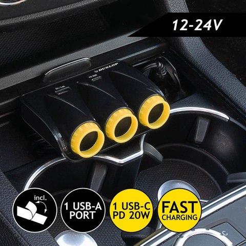Dunlop - Ładowarka samochodowa USB-A + USB-C 20W PD / 3x rozdzielacz gniazda zapalniczki 12/24V (czarny) Dunlop Dunlop - Ładowarka samochodowa USB-A + USB-C 20W PD / 3x rozdzielacz gniazda zapalniczki 12/24V (czarny) Dunlop