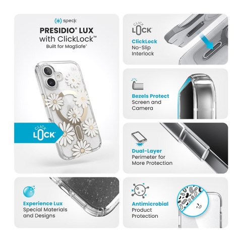 Speck Presidio Lux ClickLock & MagSafe - Etui iPhone 16 (Sunshine Daisies / Clear / Gold) Speck Speck Presidio Lux ClickLock & MagSafe - Etui iPhone 16 (Sunshine Daisies / Clear / Gold) Speck
