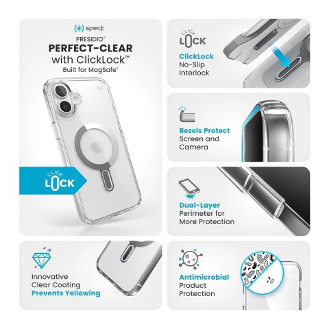 Speck Presidio Perfect-Clear ClickLock & MagSafe - Etui iPhone 16 Plus (Clear / Chrome Finish / Serene Silver) Speck Speck Presidio Perfect-Clear ClickLock & MagSafe - Etui iPhone 16 Plus (Clear / Chrome Finish / Serene Silver) Speck