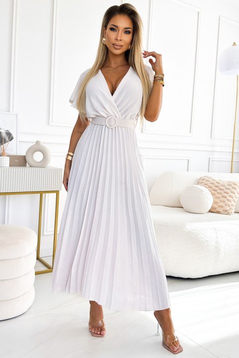 585-1 Plisowana letnia sukienka midi z dekoltem i szerokim paskiem - ECRU Numoco basic 585-1 Plisowana letnia sukienka midi z dekoltem i szerokim paskiem - ECRU Numoco basic