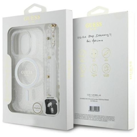 Guess IML Glitter With Pearl Strap MagSafe - Etui iPhone 16 Pro Max (przezroczysty) Guess Guess IML Glitter With Pearl Strap MagSafe - Etui iPhone 16 Pro Max (przezroczysty) Guess