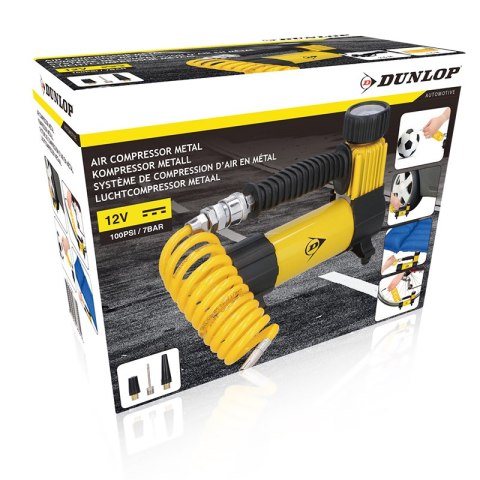 Dunlop - kompresor 12 V 100 Psi, zestaw z wężem i końcówkami Dunlop Dunlop - kompresor 12 V 100 Psi, zestaw z wężem i końcówkami Dunlop