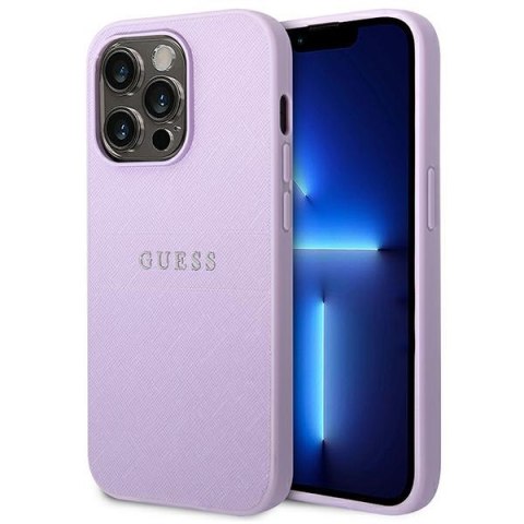 Guess Saffiano Metal Logo Stripes - Etui iPhone 14 Pro (liliowy) Guess Guess Saffiano Metal Logo Stripes - Etui iPhone 14 Pro (liliowy) Guess