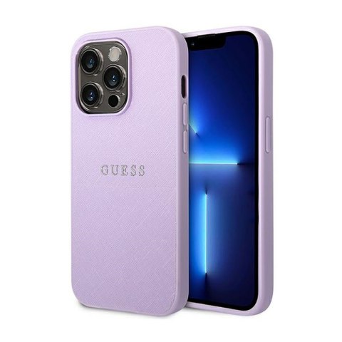 Guess Saffiano Metal Logo Stripes - Etui iPhone 14 Pro (liliowy) Guess Guess Saffiano Metal Logo Stripes - Etui iPhone 14 Pro (liliowy) Guess