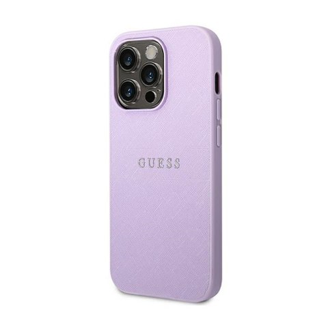 Guess Saffiano Metal Logo Stripes - Etui iPhone 14 Pro (liliowy) Guess Guess Saffiano Metal Logo Stripes - Etui iPhone 14 Pro (liliowy) Guess