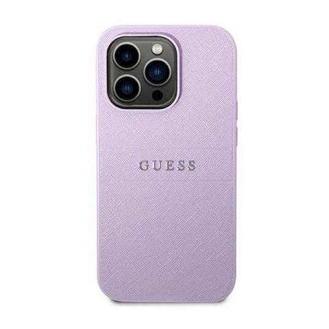 Guess Saffiano Metal Logo Stripes - Etui iPhone 14 Pro (liliowy) Guess Guess Saffiano Metal Logo Stripes - Etui iPhone 14 Pro (liliowy) Guess