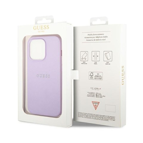 Guess Saffiano Metal Logo Stripes - Etui iPhone 14 Pro (liliowy) Guess Guess Saffiano Metal Logo Stripes - Etui iPhone 14 Pro (liliowy) Guess