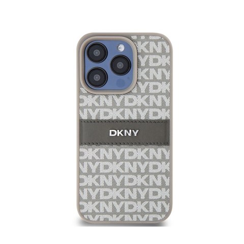 DKNY Leather Mono Stripe & Metal Logo - Etui iPhone 15 Pro Max (beżowy) DKNY DKNY Leather Mono Stripe & Metal Logo - Etui iPhone 15 Pro Max (beżowy) DKNY
