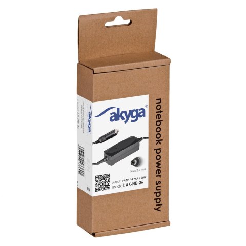Akyga samochodowy zasilacz do notebooka dedykowany dla Asus / Toshiba (19 V | 4,74 A | 90 W | 5,5 x 2,5 mm) AK-ND-36 Akyga samochodowy zasilacz do notebooka dedykowany dla Asus / Toshiba (19 V | 4,74 A | 90 W | 5,5 x 2,5 mm) AK-ND-36