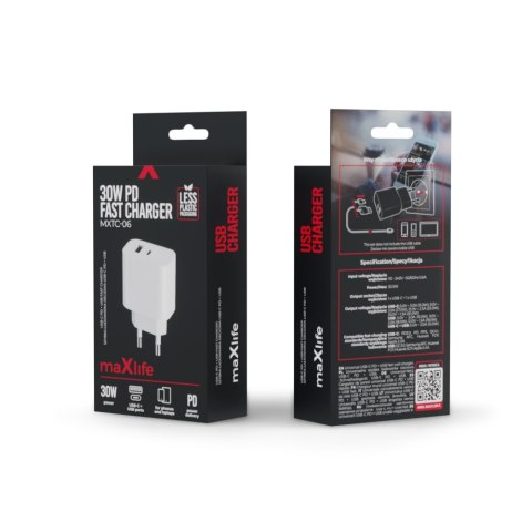 Maxlife ładowarka sieciowa PD QC MXTC-06 1x USB-C 1x USB 30W biała Maxlife ładowarka sieciowa PD QC MXTC-06 1x USB-C 1x USB 30W biała