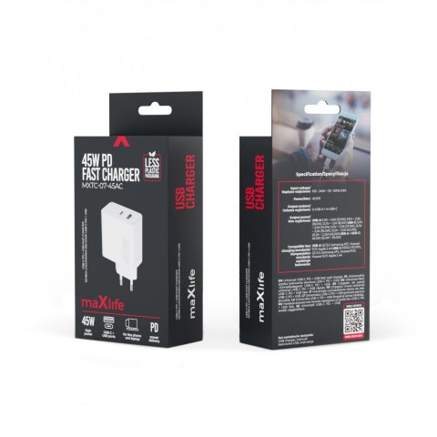 Maxlife ładowarka sieciowa PD QC MXTC-07-45AC 1x USB-C 1x USB 45W biała Maxlife ładowarka sieciowa PD QC MXTC-07-45AC 1x USB-C 1x USB 45W biała