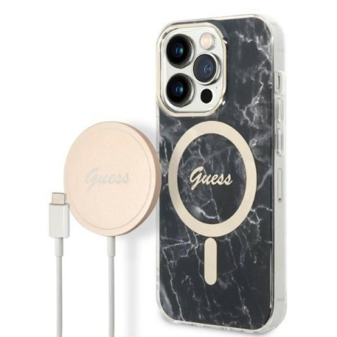 Guess zestaw nakładka + ładowarka do iPhone 14 Pro Max 6,7" GUBPP14XHMEACSK czarna hard case Marble MagSafe Guess zestaw nakładka + ładowarka do iPhone 14 Pro Max 6,7" GUBPP14XHMEACSK czarna hard case Marble MagSafe