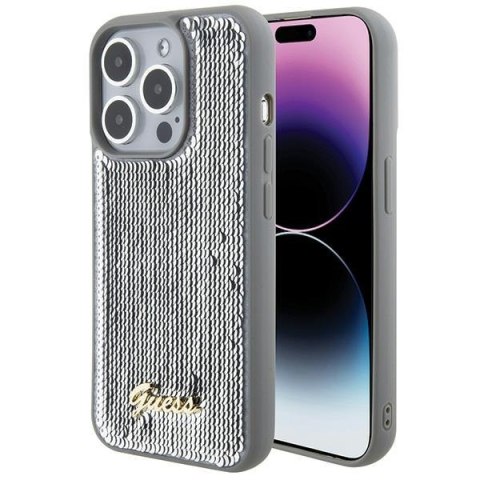 Guess nakładka do iPhone 15 Pro 6,1" GUHCP15LPSFDGSS srebrna HC Sequin Script Metal Guess nakładka do iPhone 15 Pro 6,1" GUHCP15LPSFDGSS srebrna HC Sequin Script Metal