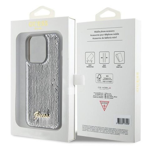 Guess nakładka do iPhone 15 Pro 6,1" GUHCP15LPSFDGSS srebrna HC Sequin Script Metal Guess nakładka do iPhone 15 Pro 6,1" GUHCP15LPSFDGSS srebrna HC Sequin Script Metal