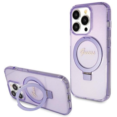 Guess nakładka do iPhone 15 Pro 6,1" GUHMP15LHRSGSU fioletowa HC RING STAND MAGSAFE SCRIPT LOGO GLITTER