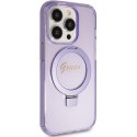 Guess nakładka do iPhone 15 Pro 6,1" GUHMP15LHRSGSU fioletowa HC RING STAND MAGSAFE SCRIPT LOGO GLITTER