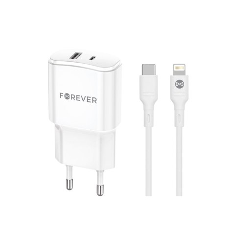 Forever ładowarka sieciowa PD QC TC-01-20AC 1x USB-C 1x USB 20W biała + kabel USB-C - Lightning 20W Forever ładowarka sieciowa PD QC TC-01-20AC 1x USB-C 1x USB 20W biała + kabel USB-C - Lightning 20W