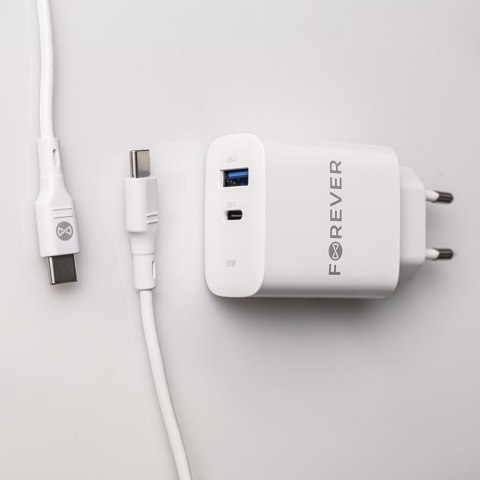 Forever ładowarka sieciowa PD QC TC-07-30AC 1x USB-C 1x USB 30W biała + kabel USB-C - USB-C 60W Forever ładowarka sieciowa PD QC TC-07-30AC 1x USB-C 1x USB 30W biała + kabel USB-C - USB-C 60W