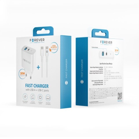 Forever ładowarka sieciowa PD QC TC-07-30AC 1x USB-C 1x USB 30W biała + kabel USB-C - USB-C 60W Forever ładowarka sieciowa PD QC TC-07-30AC 1x USB-C 1x USB 30W biała + kabel USB-C - USB-C 60W