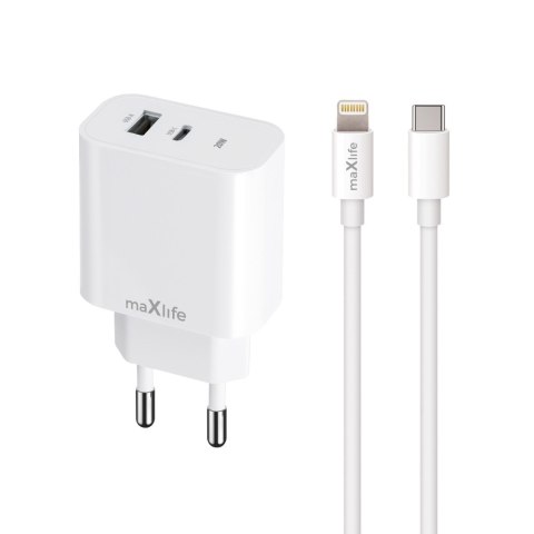 Maxlife ładowarka sieciowa PD QC MXTC-06-20AC 1x USB-C 1x USB 20W biała + kabel USB-C - Lightning 20W Maxlife ładowarka sieciowa PD QC MXTC-06-20AC 1x USB-C 1x USB 20W biała + kabel USB-C - Lightning 20W