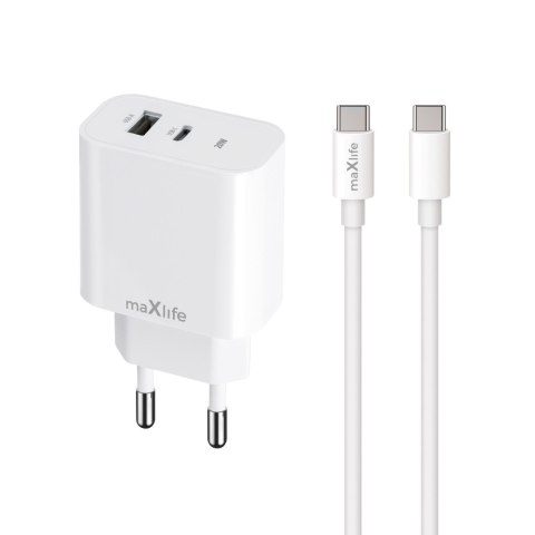 Maxlife ładowarka sieciowa PD QC MXTC-06-20AC 1x USB-C 1x USB 20W biała + kabel USB-C - USB-C 20W Maxlife ładowarka sieciowa PD QC MXTC-06-20AC 1x USB-C 1x USB 20W biała + kabel USB-C - USB-C 20W