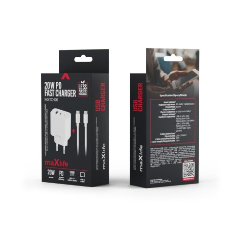 Maxlife ładowarka sieciowa PD QC MXTC-06-20AC 1x USB-C 1x USB 20W biała + kabel USB-C - USB-C 20W Maxlife ładowarka sieciowa PD QC MXTC-06-20AC 1x USB-C 1x USB 20W biała + kabel USB-C - USB-C 20W