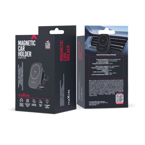 Maxlife uchwyt samochodowy do kratki MXCH-16 magnetyczny z ładowaniem bezprzewodowym czarny 15W Maxlife uchwyt samochodowy do kratki MXCH-16 magnetyczny z ładowaniem bezprzewodowym czarny 15W