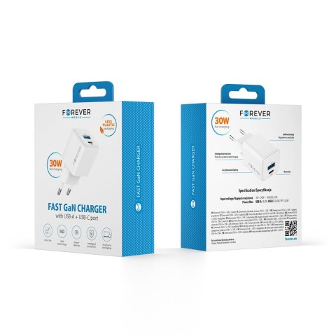 Forever ładowarka sieciowa GaN PD QC TC-08-30AC 1x USB-C 1x USB 30W biała Forever ładowarka sieciowa GaN PD QC TC-08-30AC 1x USB-C 1x USB 30W biała
