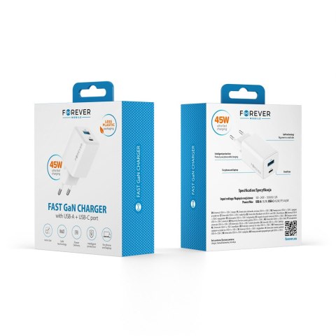Forever ładowarka sieciowa GaN PD QC TC-08-45AC 1x USB-C 1x USB 45W biała Forever ładowarka sieciowa GaN PD QC TC-08-45AC 1x USB-C 1x USB 45W biała