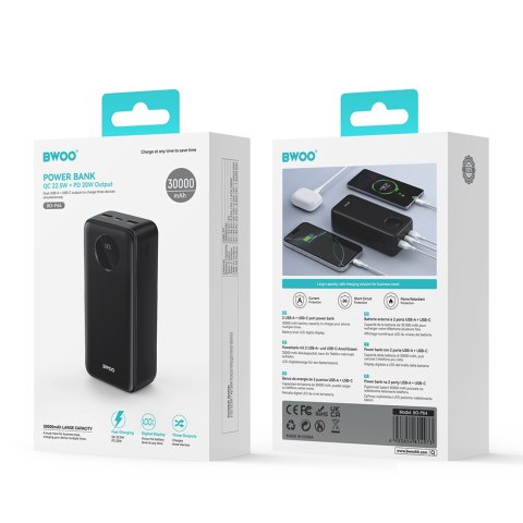 BWOO Power bank 22,5W, 30000 mAh z wyświetlaczem LCD, czarny BWOO Power bank 22,5W, 30000 mAh z wyświetlaczem LCD, czarny