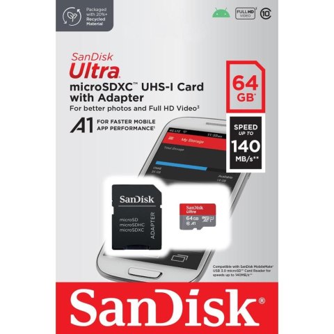 SanDisk karta pamięci Ultra Android microSDXC 64GB 140MB/s A1 Cl.10 UHS-I + adapter Western Digital Ireland Ltd. SanDisk karta pamięci Ultra Android microSDXC 64GB 140MB/s A1 Cl.10 UHS-I + adapter Western Digital Ireland Ltd.