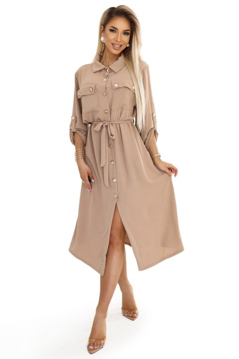 531-3 Szmizjerka midi ze złotymi guzikami i wiązaniem - MOCHA MOUSSE Numoco basic 531-3 Szmizjerka midi ze złotymi guzikami i wiązaniem - MOCHA MOUSSE Numoco basic