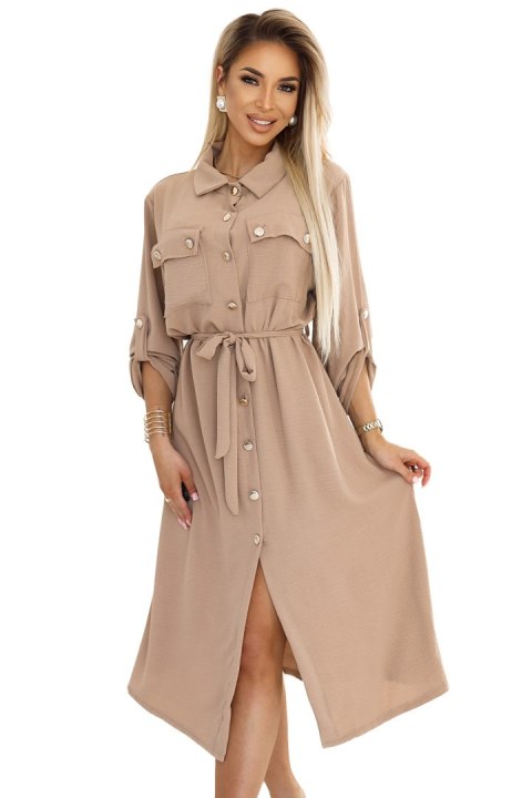 531-3 Szmizjerka midi ze złotymi guzikami i wiązaniem - MOCHA MOUSSE Numoco basic 531-3 Szmizjerka midi ze złotymi guzikami i wiązaniem - MOCHA MOUSSE Numoco basic