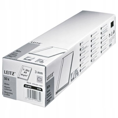 Grzbiety wsuwane LEITZ A4/3mm czarny do 30 kartek 50szt 21768 LEITZ Grzbiety wsuwane LEITZ A4/3mm czarny do 30 kartek 50szt 21768 LEITZ
