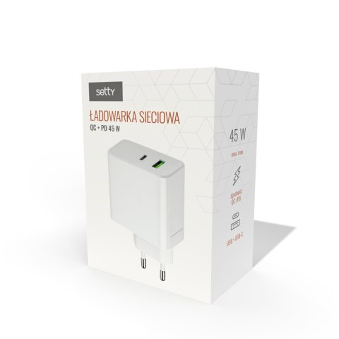 Setty ładowarka sieciowa PD+QC USB + USB-C 45W LSI-01 biała TelForceOne S.A. Setty ładowarka sieciowa PD+QC USB + USB-C 45W LSI-01 biała TelForceOne S.A.