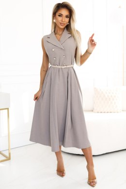 596-2 Elegancka szmizjerka midi ze złotymi guzikami i paskiem - SZARY BEŻ Numoco basic