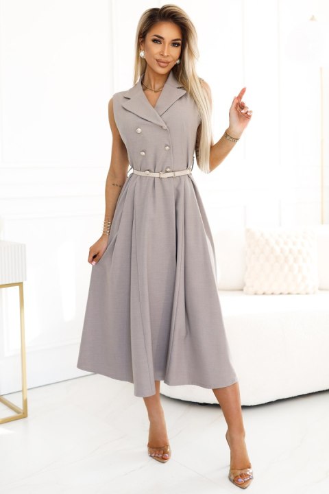 596-2 Elegancka szmizjerka midi ze złotymi guzikami i paskiem - SZARY BEŻ Numoco basic 596-2 Elegancka szmizjerka midi ze złotymi guzikami i paskiem - SZARY BEŻ Numoco basic