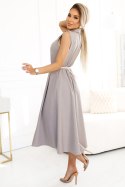 596-2 Elegancka szmizjerka midi ze złotymi guzikami i paskiem - SZARY BEŻ Numoco basic