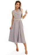 596-2 Elegancka szmizjerka midi ze złotymi guzikami i paskiem - SZARY BEŻ Numoco basic
