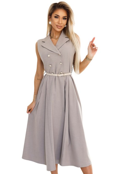 596-2 Elegancka szmizjerka midi ze złotymi guzikami i paskiem - SZARY BEŻ Numoco basic 596-2 Elegancka szmizjerka midi ze złotymi guzikami i paskiem - SZARY BEŻ Numoco basic