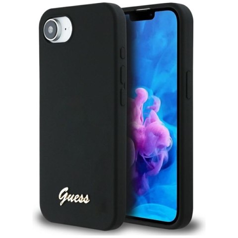 Guess Silicone Script Metal Logo MagSafe - Etui do iPhone 16e (czarny) Guess Guess Silicone Script Metal Logo MagSafe - Etui do iPhone 16e (czarny) Guess