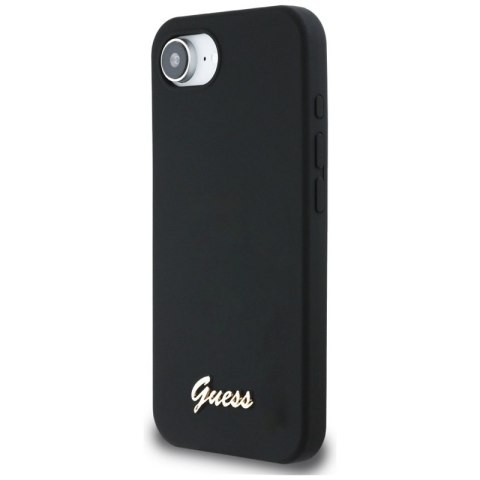 Guess Silicone Script Metal Logo MagSafe - Etui do iPhone 16e (czarny) Guess Guess Silicone Script Metal Logo MagSafe - Etui do iPhone 16e (czarny) Guess