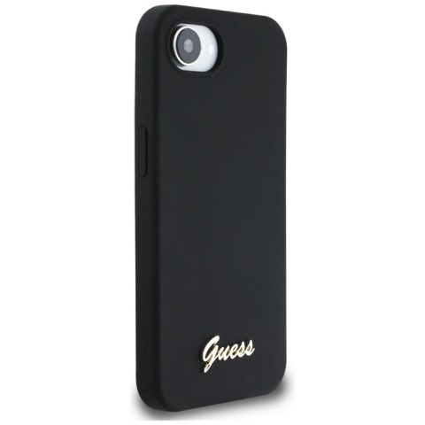 Guess Silicone Script Metal Logo MagSafe - Etui do iPhone 16e (czarny) Guess Guess Silicone Script Metal Logo MagSafe - Etui do iPhone 16e (czarny) Guess