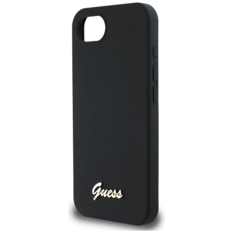Guess Silicone Script Metal Logo MagSafe - Etui do iPhone 16e (czarny) Guess Guess Silicone Script Metal Logo MagSafe - Etui do iPhone 16e (czarny) Guess
