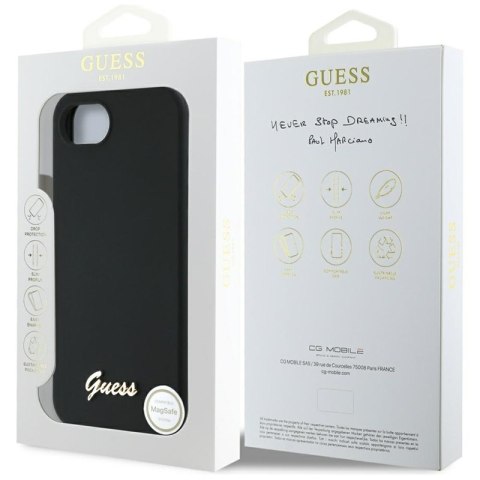 Guess Silicone Script Metal Logo MagSafe - Etui do iPhone 16e (czarny) Guess Guess Silicone Script Metal Logo MagSafe - Etui do iPhone 16e (czarny) Guess